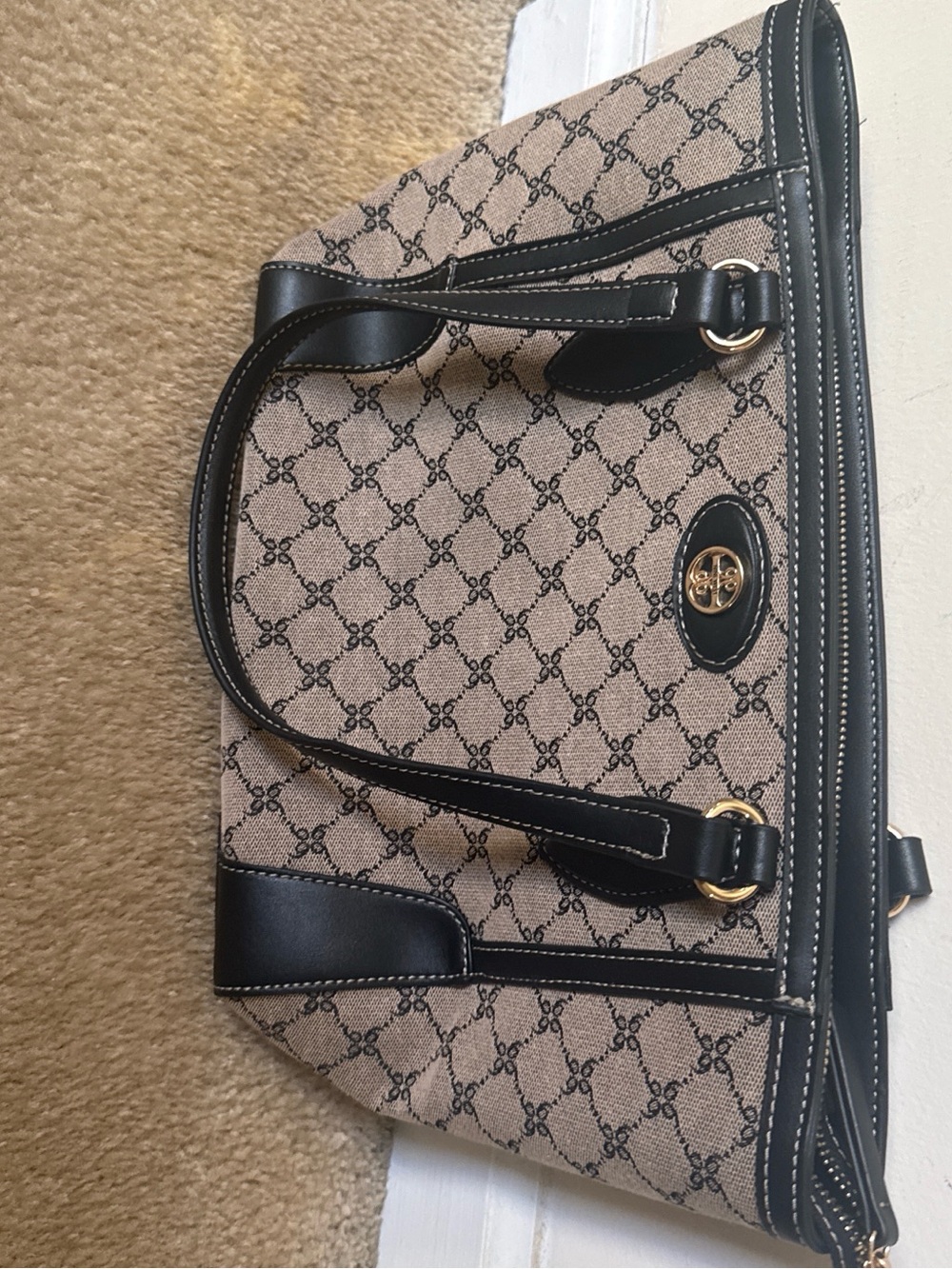 Nine West Beige & Black Logo-Pattern Tote